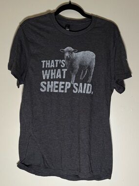 District Women’s Charcoal Graphic Tee with Sheep Slogan Size M